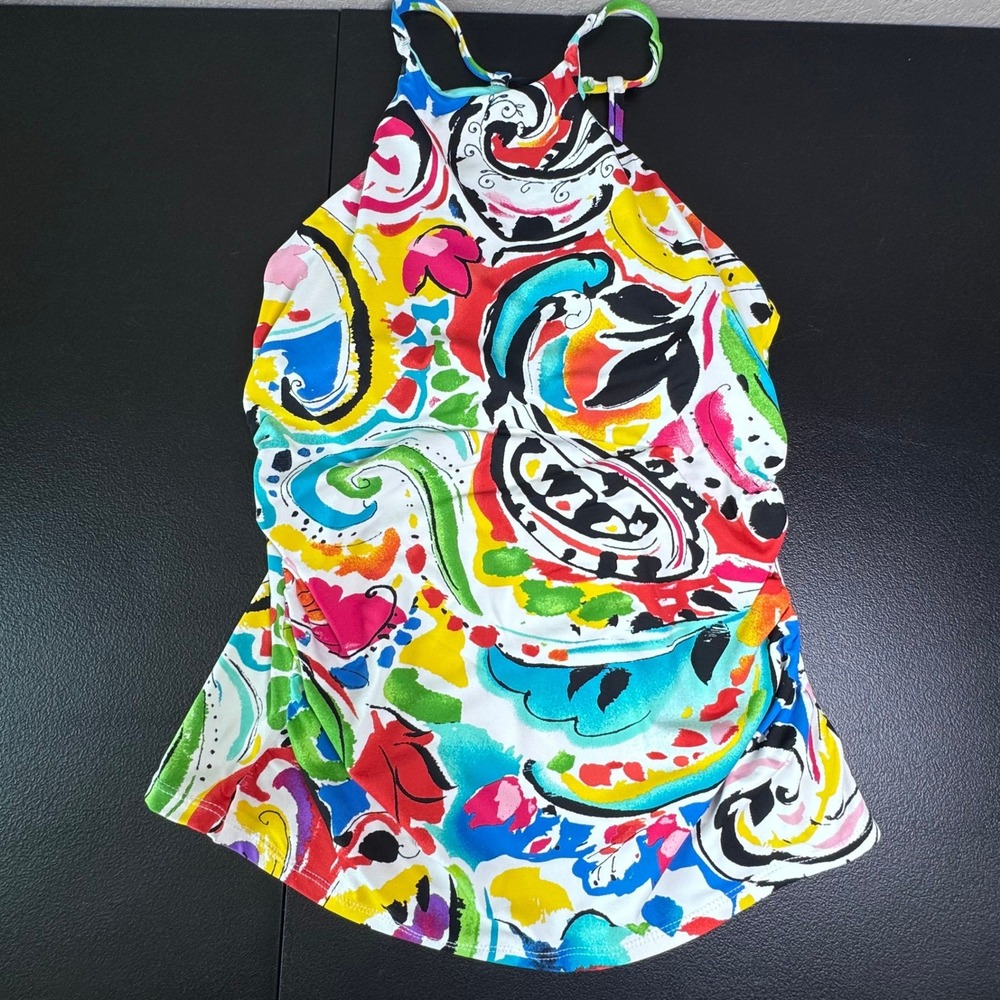 Anne Cole Womens Multicolor Paisley High Neck Ruched Tankini Top Small